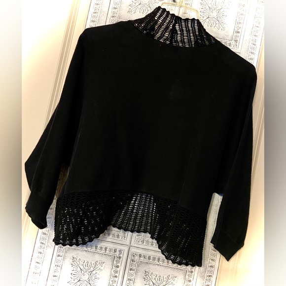 Elle Sz-M Black Cardigan/Shrug- Open Knit Stitching Around Edge/Hem, 3/4 Sleeves - Picture 2 of 16